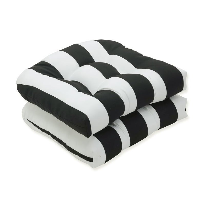 Pillow Perfect Stripe Indoor/Outdoor Chair Seat Cushion, Tufted, Weather, and Fade Resistant, 19" x 19", Black/White Cabana Stripe, 2 Count - Image 1